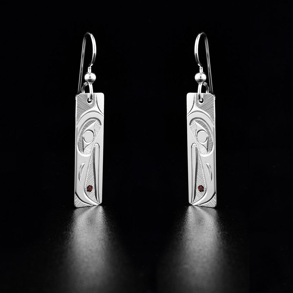 Sterling Silver Rectangular Raven Earrings with Garnets