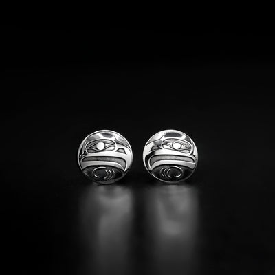 These Round Eagle Stud Earrings are handmade by Tahltan artist, Grant Pauls. He has used sterling silver to create them.  Each earring is 0.48" in diameter. The Eagle Legend Represents: POWER, INTELLIGENCE, VISION.