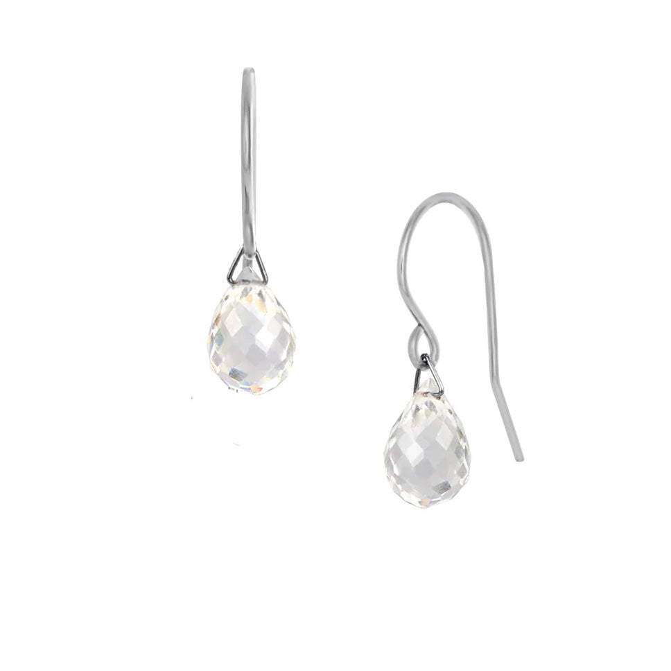 These dangling rock crystal earrings have teardrop shaped rock crystal hangs attached to sterling silver hooks.