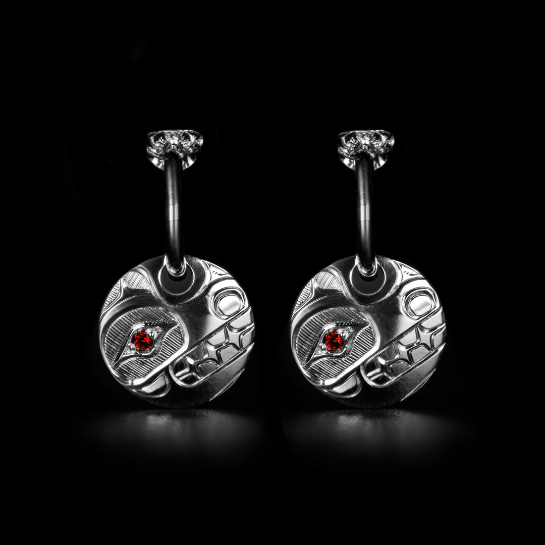 Bear Stud Hoop Earrings with Garnet hand-carved by Haisla artist Hollie Bartlett.