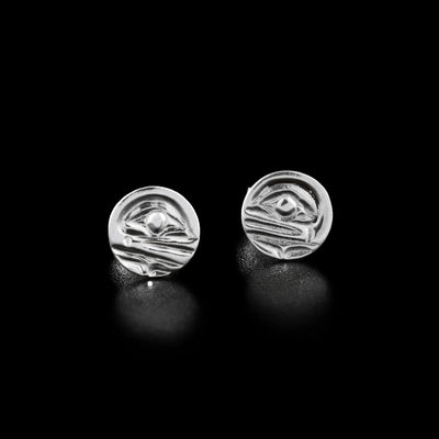 Sterling Silver Orca Cast Studs by Carrie Matilpi. The design of each earring depicts the profile of an orca's head facing inward.