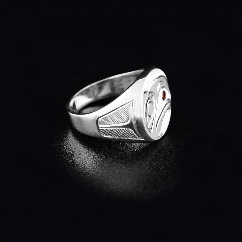 Sterling Silver Signet Raven Ring with Garnet
