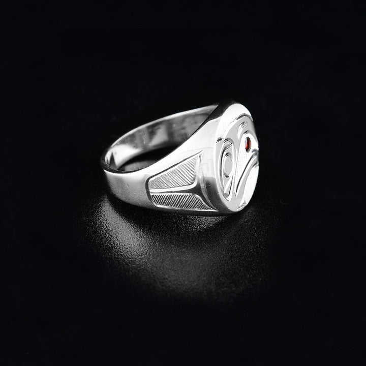 Sterling Silver Signet Raven Ring with Garnet