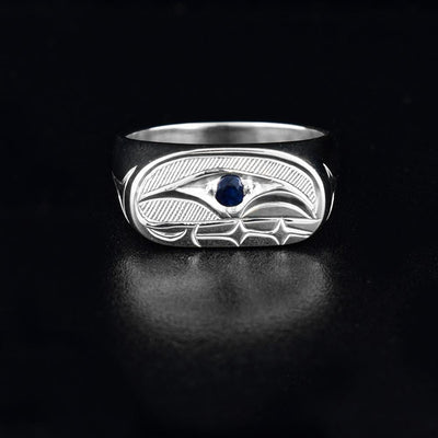 Sterling Silver Signet Orca Ring with Sapphire