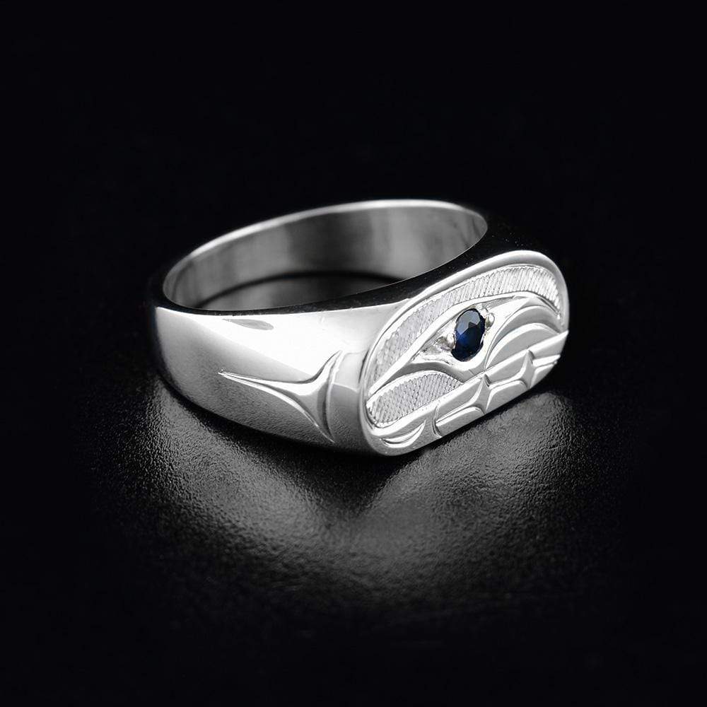 Sterling Silver Signet Orca Ring with Sapphire