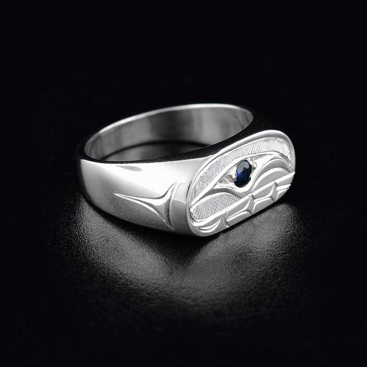 Sterling Silver Signet Orca Ring with Sapphire