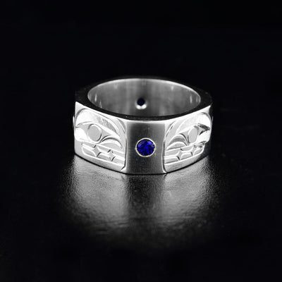 Sterling Silver Hexagonal Orca Ring with Sapphires