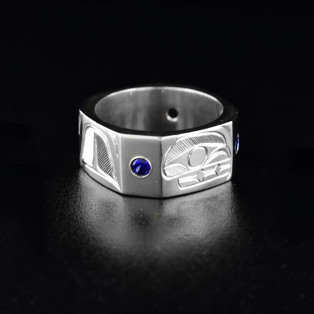 Sterling Silver Hexagonal Orca Ring with Sapphires