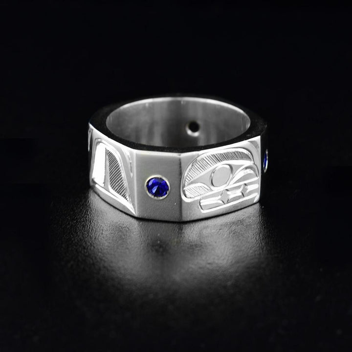Sterling Silver Hexagonal Orca Ring with Sapphires