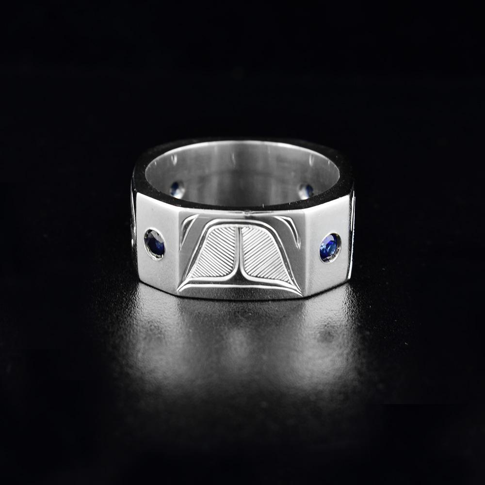 Sterling Silver Hexagonal Orca Ring with Sapphires