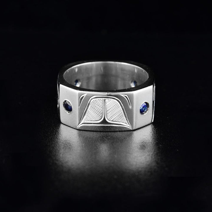 Sterling Silver Hexagonal Orca Ring with Sapphires