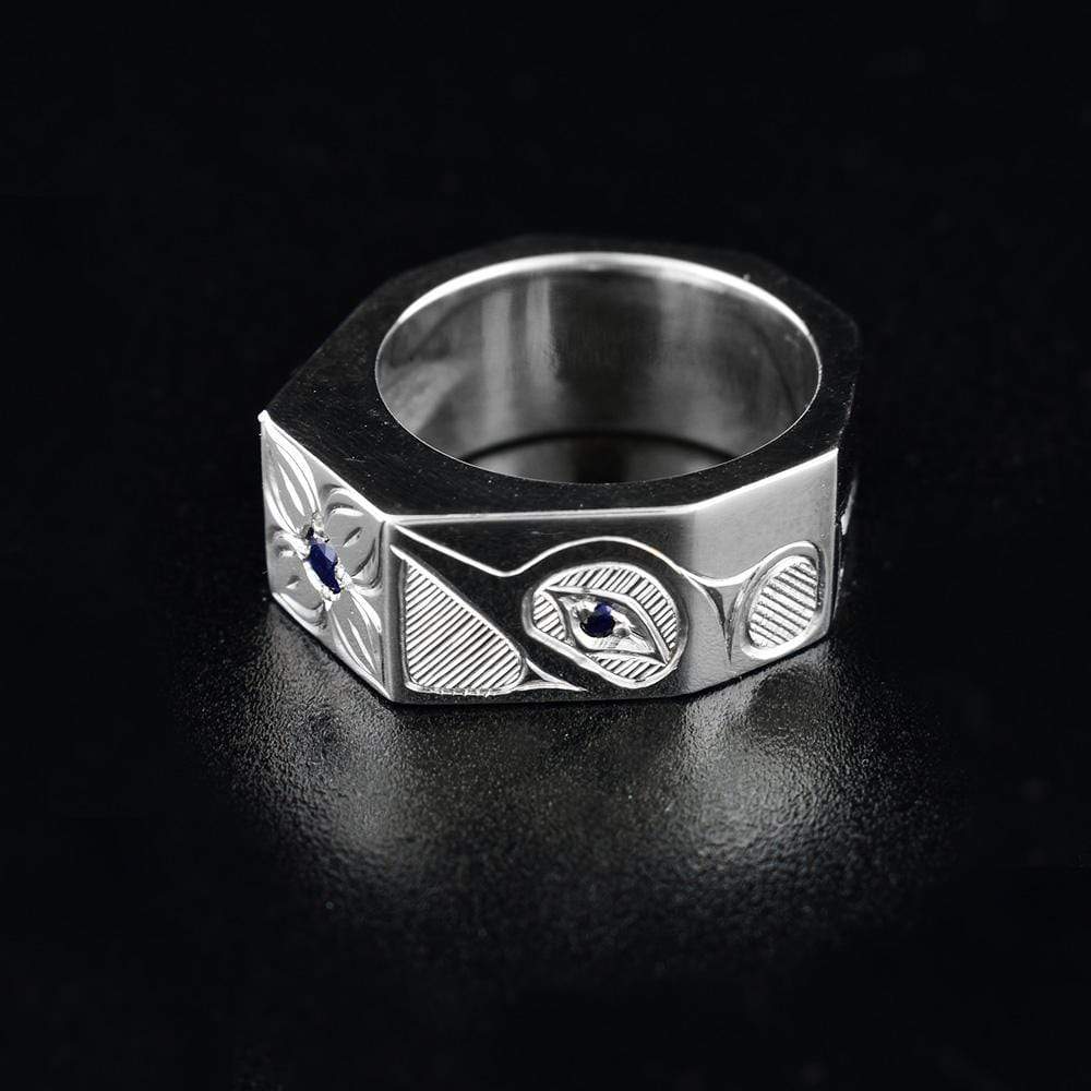 Hexagonal Sterling Silver Hummingbird Ring with Sapphires