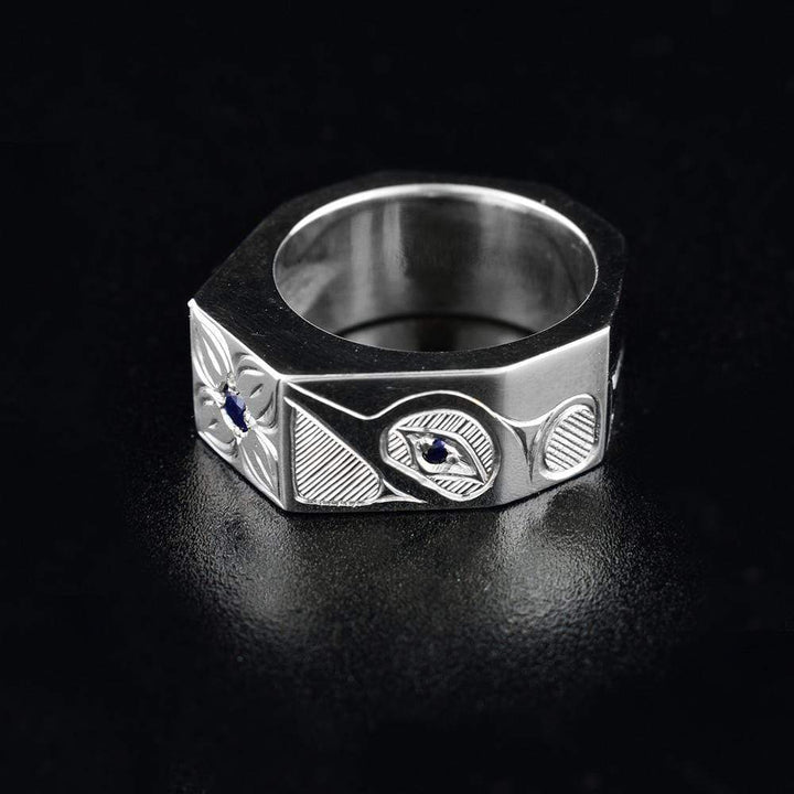 Hexagonal Sterling Silver Hummingbird Ring with Sapphires