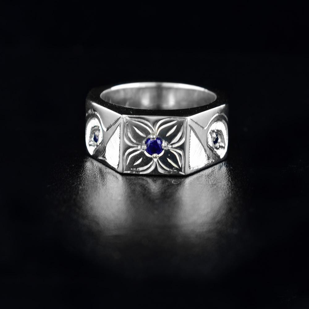 Hexagonal Sterling Silver Hummingbird Ring with Sapphires