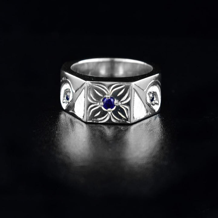 Hexagonal Sterling Silver Hummingbird Ring with Sapphires