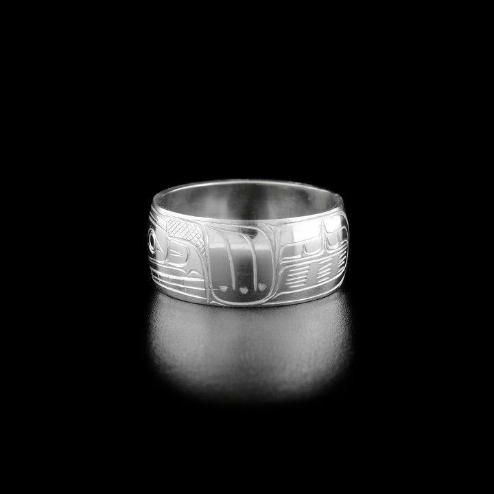 Right angle photo of the ring shows the bear's paw and fur.
