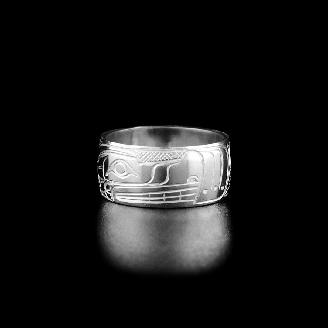 This Wolf ring has the profile of a wolf's head facing the right with a long snout and teeth showing.