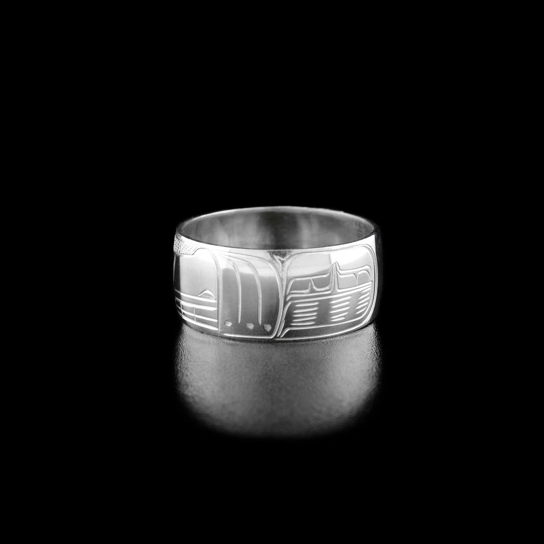 Right angle photo of the ring shows carved designs representing the paw and body of the wolf.