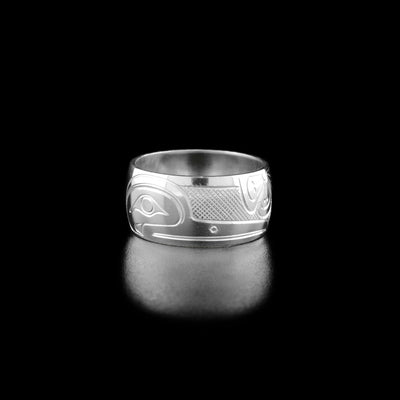 This hummingbird ring has the profile of a hummingbird's head facing the right with a long beak, drinking from a flower.