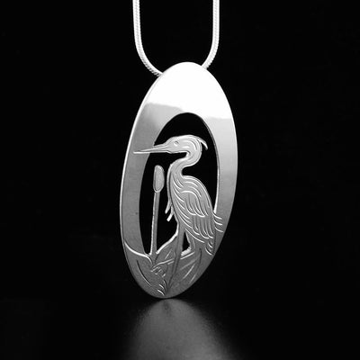 Sterling Silver Heron and Cattail Oval Pendant