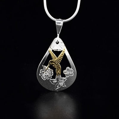 Sterling Silver and 10K Gold Hummingbird and Flowers Teardrop Pendant