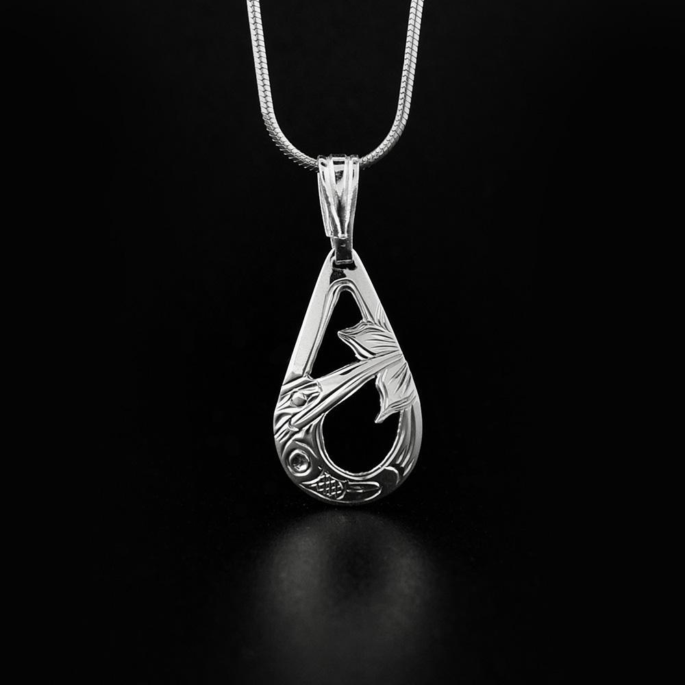 Silver Cutout Teardrop Hummingbird Pendant