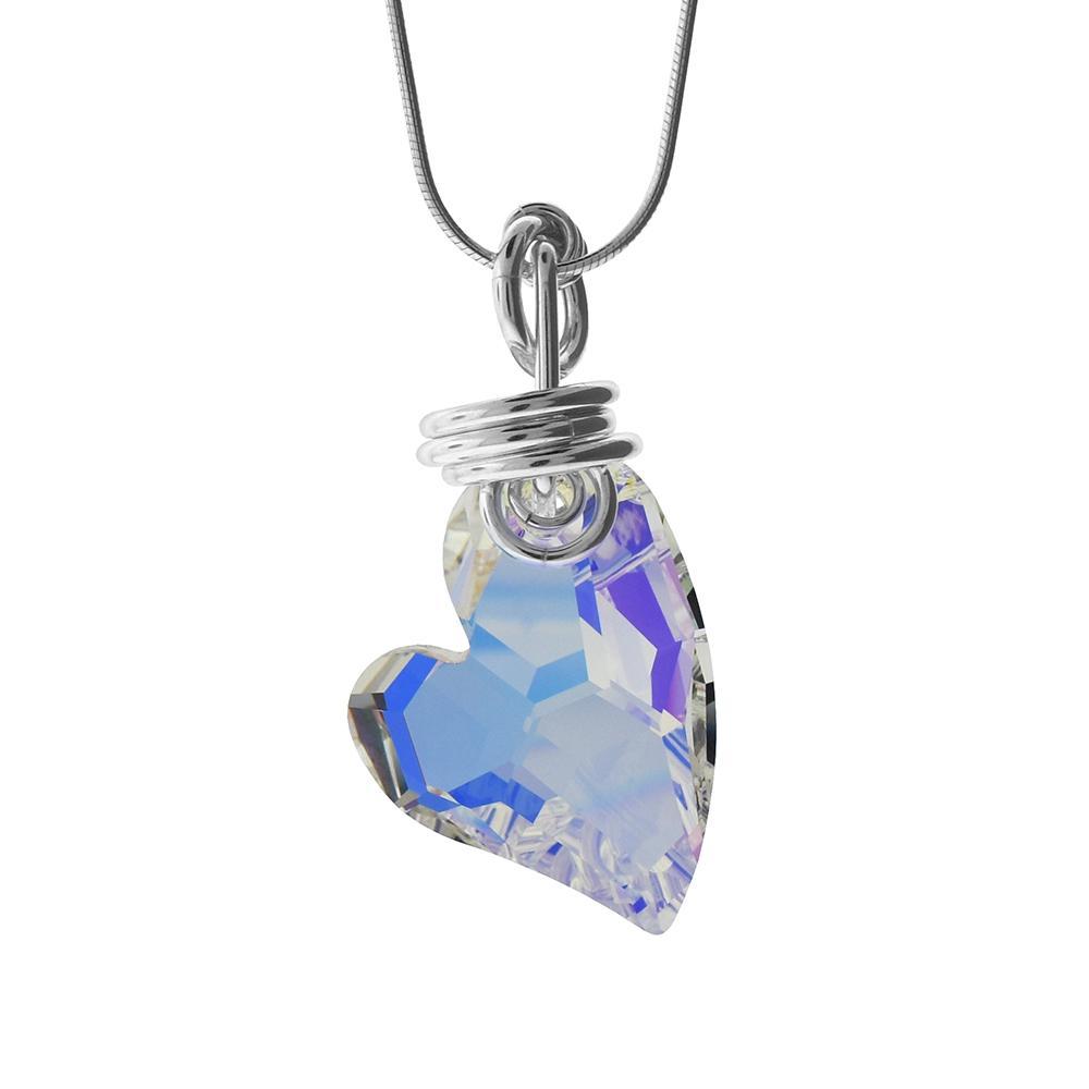 This Swarovski crystal heart pendant is has a heart shaped aurora borealis Swarovski crystal with a few sterling silver rings at the top of the crystal.