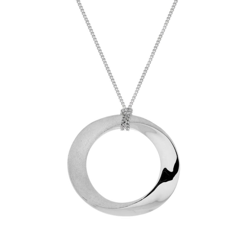 This circle pendant necklace is made from sterling silver and has a pendant that is a curved, flat hoop 
