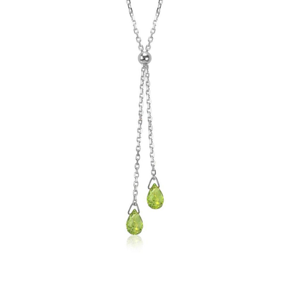 This peridot necklace has a dainty, sterling silver chain with two teardrop peridot gems hanging from a lariat.