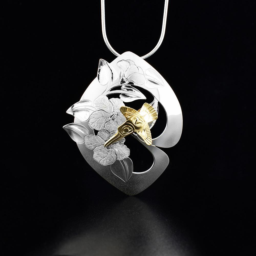 Sterling Silver Floral Pendant with 14K Gold Hummingbird