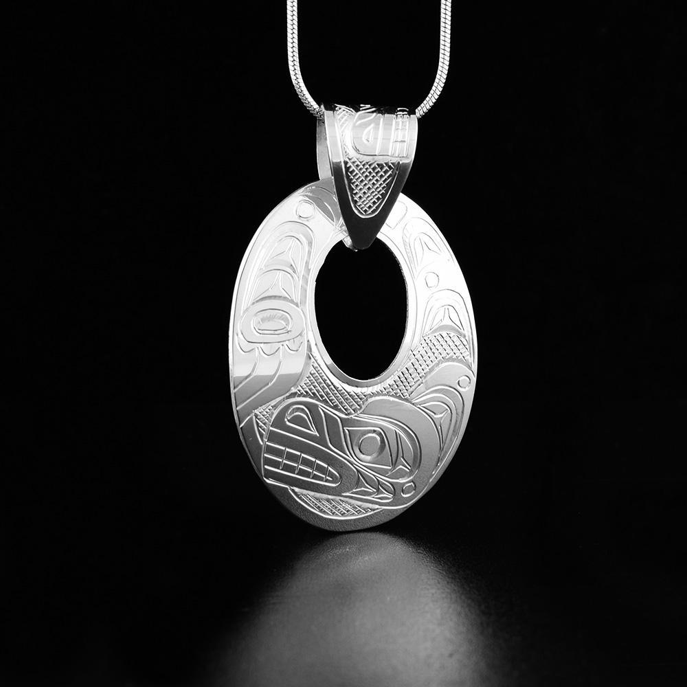 Sterling Silver Large Oval Bear Pendant with Carved Bail
