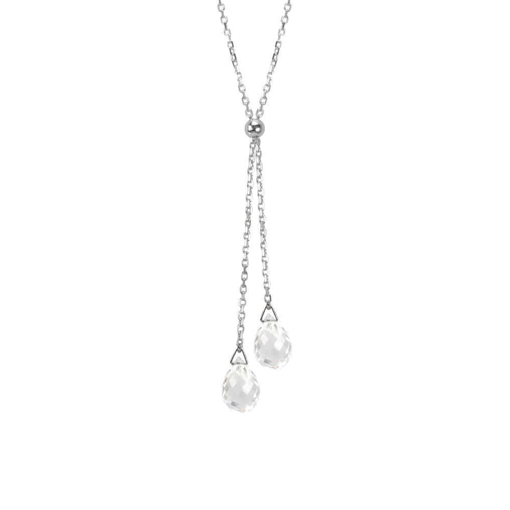 This Rock Crystal Lantern Lariat Necklace is hand crafted by artist Pamela Lauz. The necklace is made from sterling silver with two rock crystal drops hanging down together.  The necklace measures 17" and the lariat hangs down 2.15" (5.5cm).