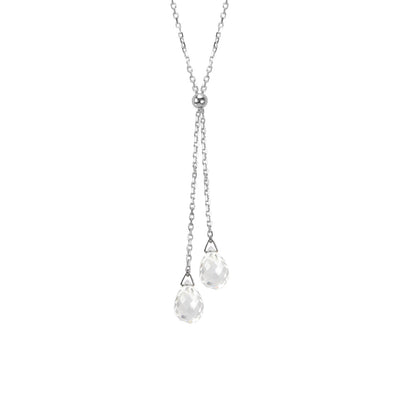 This Rock Crystal Lantern Lariat Necklace is hand crafted by artist Pamela Lauz. The necklace is made from sterling silver with two rock crystal drops hanging down together.  The necklace measures 17" and the lariat hangs down 2.15" (5.5cm).