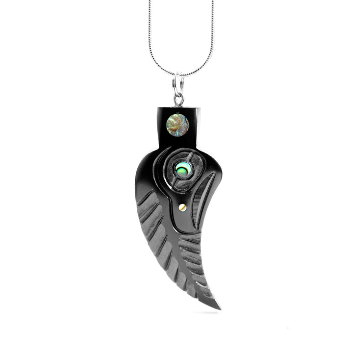 Argillite Feather Pendant (facing the right) hand carved by Haida artist, Amy Edgars.