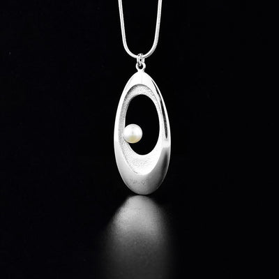 Sterling Silver Cut Out Oval Necklace with Pearl