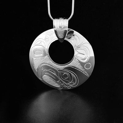 Large Sterling Silver Round Eagle Pendant with Carved Bail