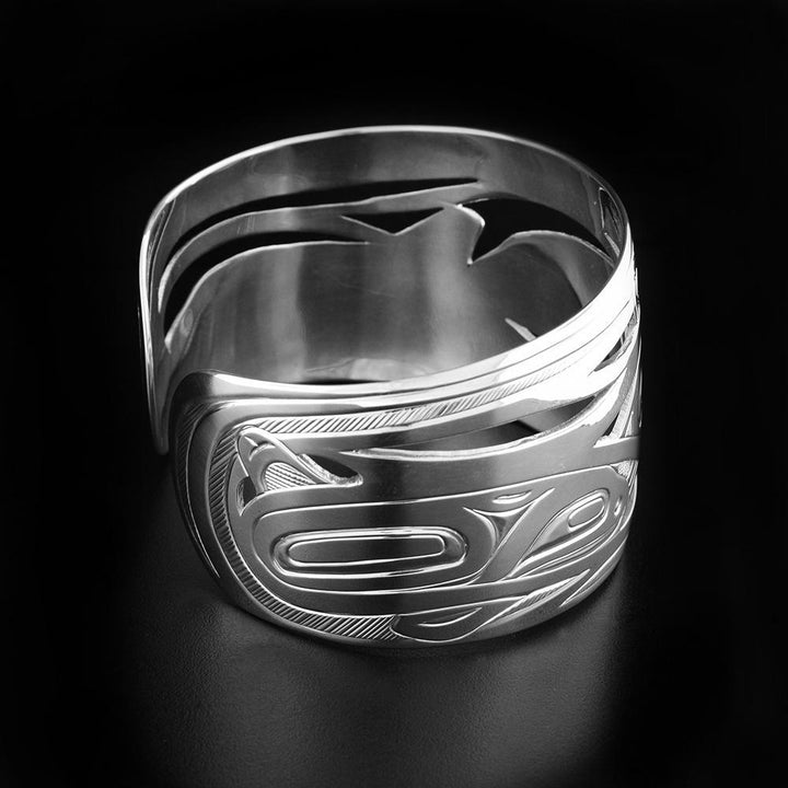 Wide Silver Orca Pod Bracelet- Side view