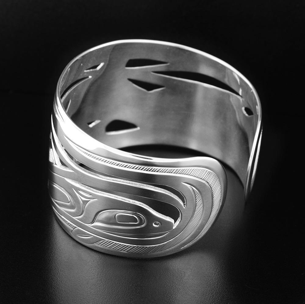 Wide Silver Orca Pod Bracelet Rear iew