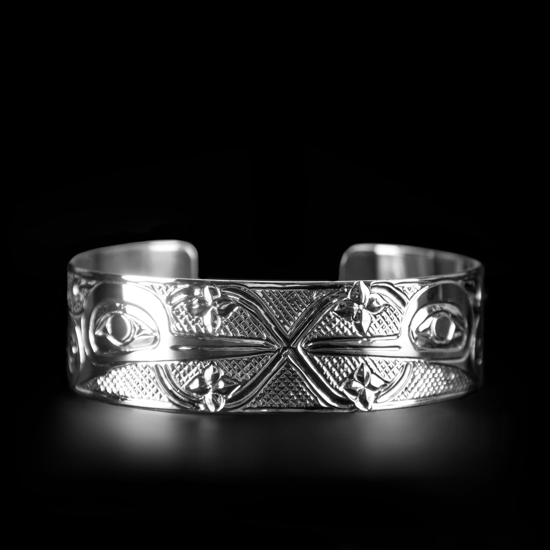 Sterling Silver 3/4" Double Hummingbird Infinity Bracelet hand-carved by Kwakwaka'wakw artist Carrie Matilpi.