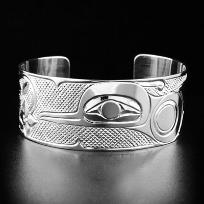front view of Sterling Silver 1" Hummingbird and Flowers Cuff Bracelet