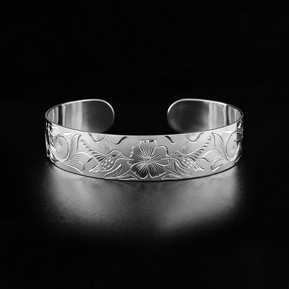 Sterling Silver 1/2" Floral Hummingbird Cuff Bracelet