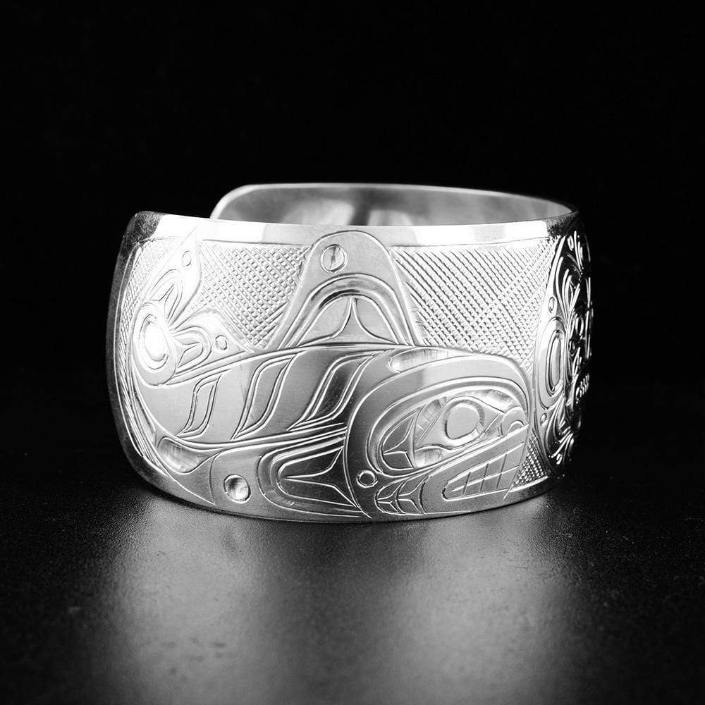 Sterling Silver Wolf, Moon and Orca Cuff Bracelet