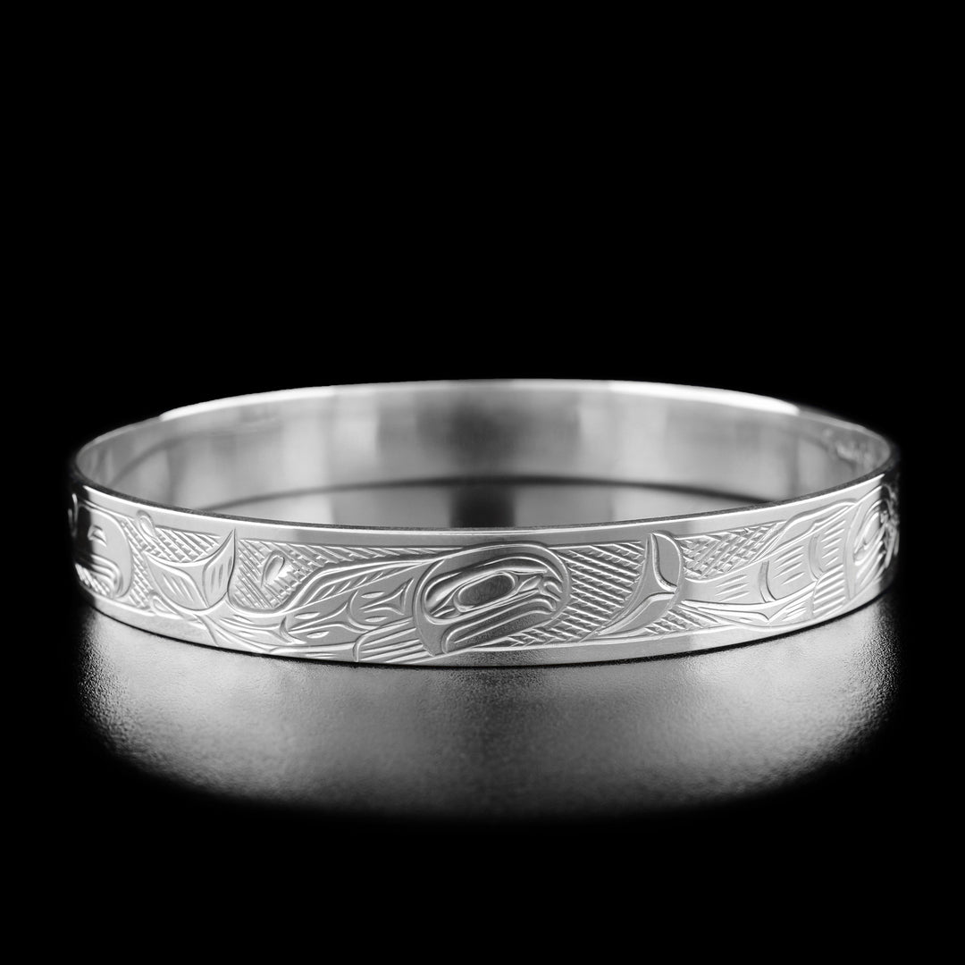 Sterling Silver 3/8" Eagle Chasing Salmon Bangle - Artina's Jewellery