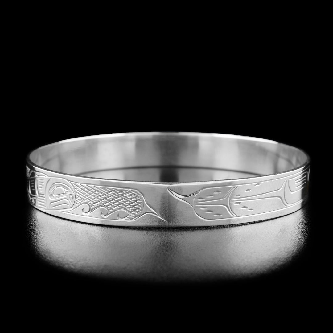 Sterling Silver 3/8" Eagle Chasing Salmon Bangle - Artina's Jewellery