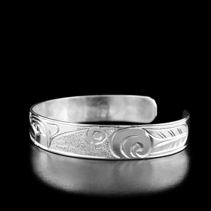 Right angle photo of the bracelet shows carved designs representing the thunderbird's feet and claws.
