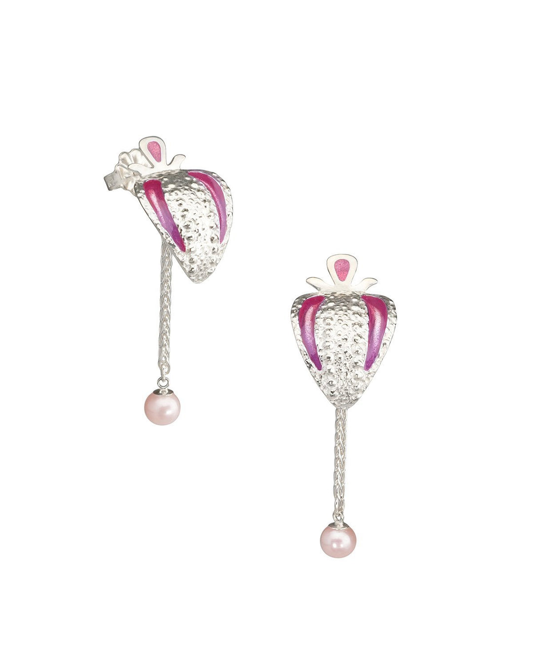 These sterling silver pearl drop earrings have teardrop shaped studs with pearls dangling from chains below them. There are pink colored designs on this piece made from resin.