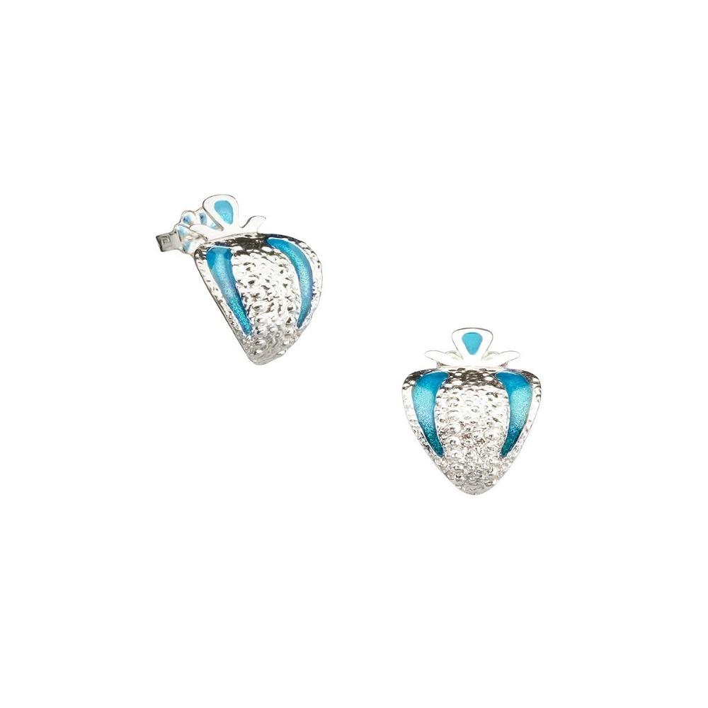 These sterling silver teardrop earrings are teardrop shaped and have vertical, resin design on the side of them. The resin is a light, electric blue color.