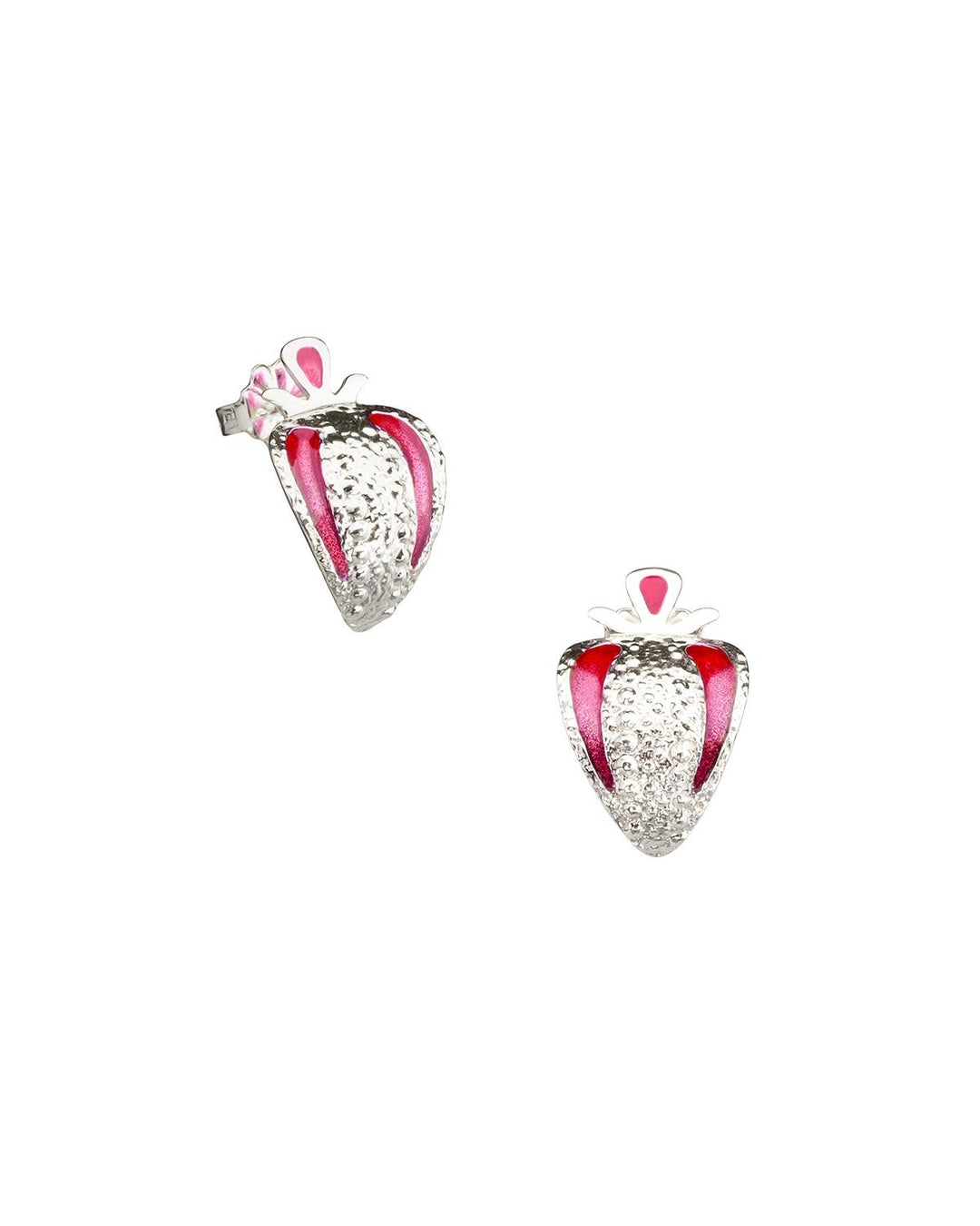 These sterling silver stud earrings have teardrop shaped hangs with red patterns made from resin on the side of them.