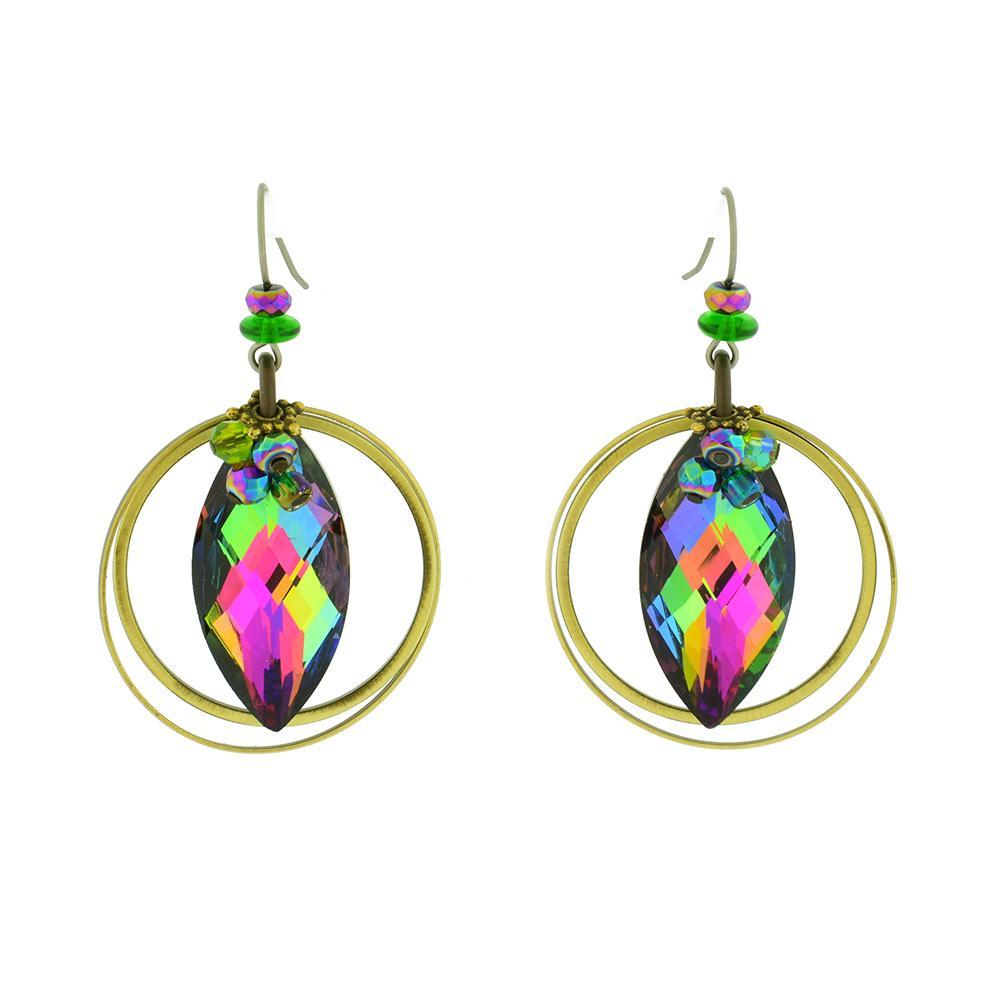 These brilliant crystal dangle earrings are made from Swarovski crystals, pressed glass and hand worked brass. The earrings have brass hoops with large, colorful Swarovski crystals in the center of them. There are brass charms and glass beads feature around the piece.