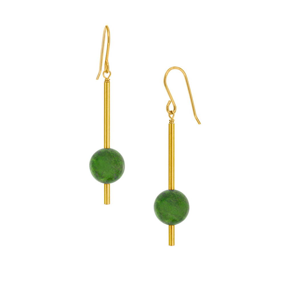 These Gold Fill Bc jade drop earrings are handcrafted by artist Pamela Lauz.  Handcrafted in 14K Gold Fill with green BC Jade (nephrite), each earring measures 2" x 0.38" from the top of the hook.